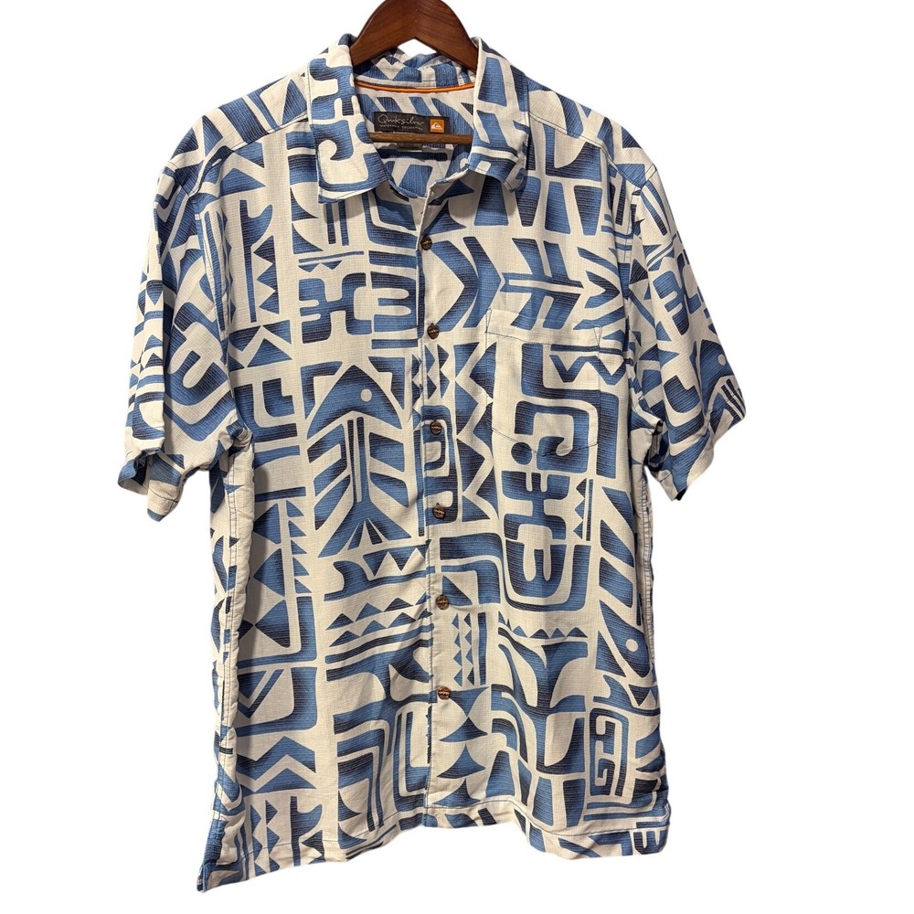 Quiksilver Waterman Collection Blue Tribal Geometric Print Shirt XL Short Sleeve